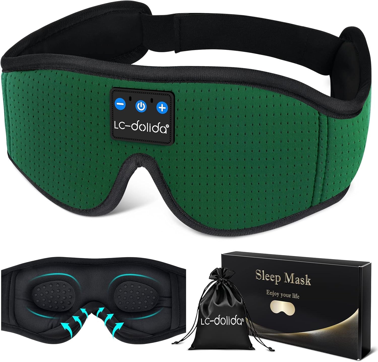 Sleep Mask with Bluetooth Headphones, Sleep Headphones Bluetooth Sleep Mask Breathable Sleeping Headphones for Side Sleepers Best Gift and Travel Essential (Green)